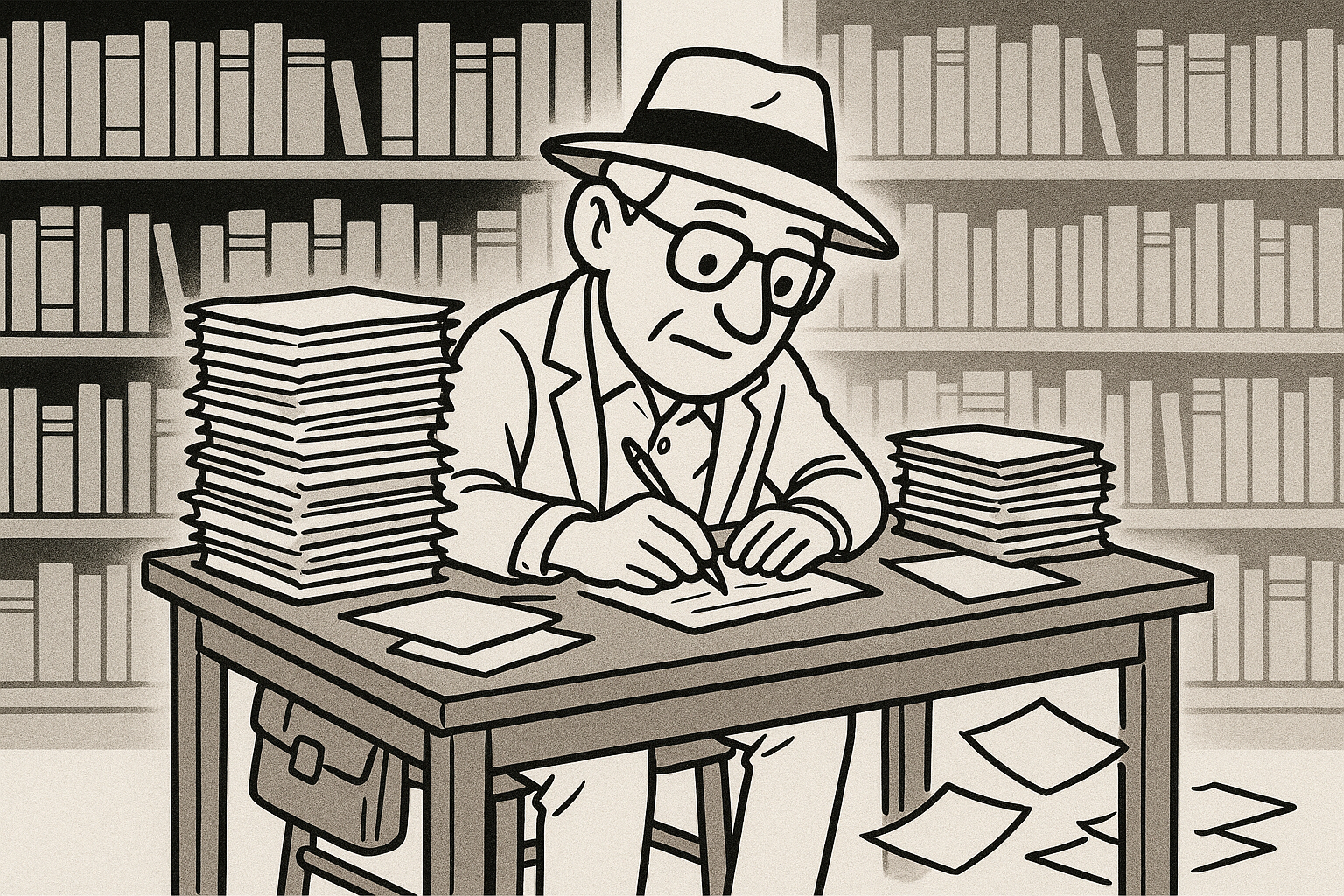 Professor in cluttered library
